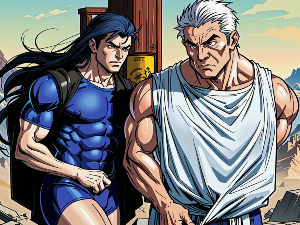 Person depicted in the image seems to be engaged in extreme physical exercise, displaying a notable degree of physical exertion, evident through sweat and tense muscles. Noticeable props include heavy-duty weights and exercise equipment. Friends Significantly Senior: Nearly Doubled in Age, Offering Advice that Influences and Inspires Me.